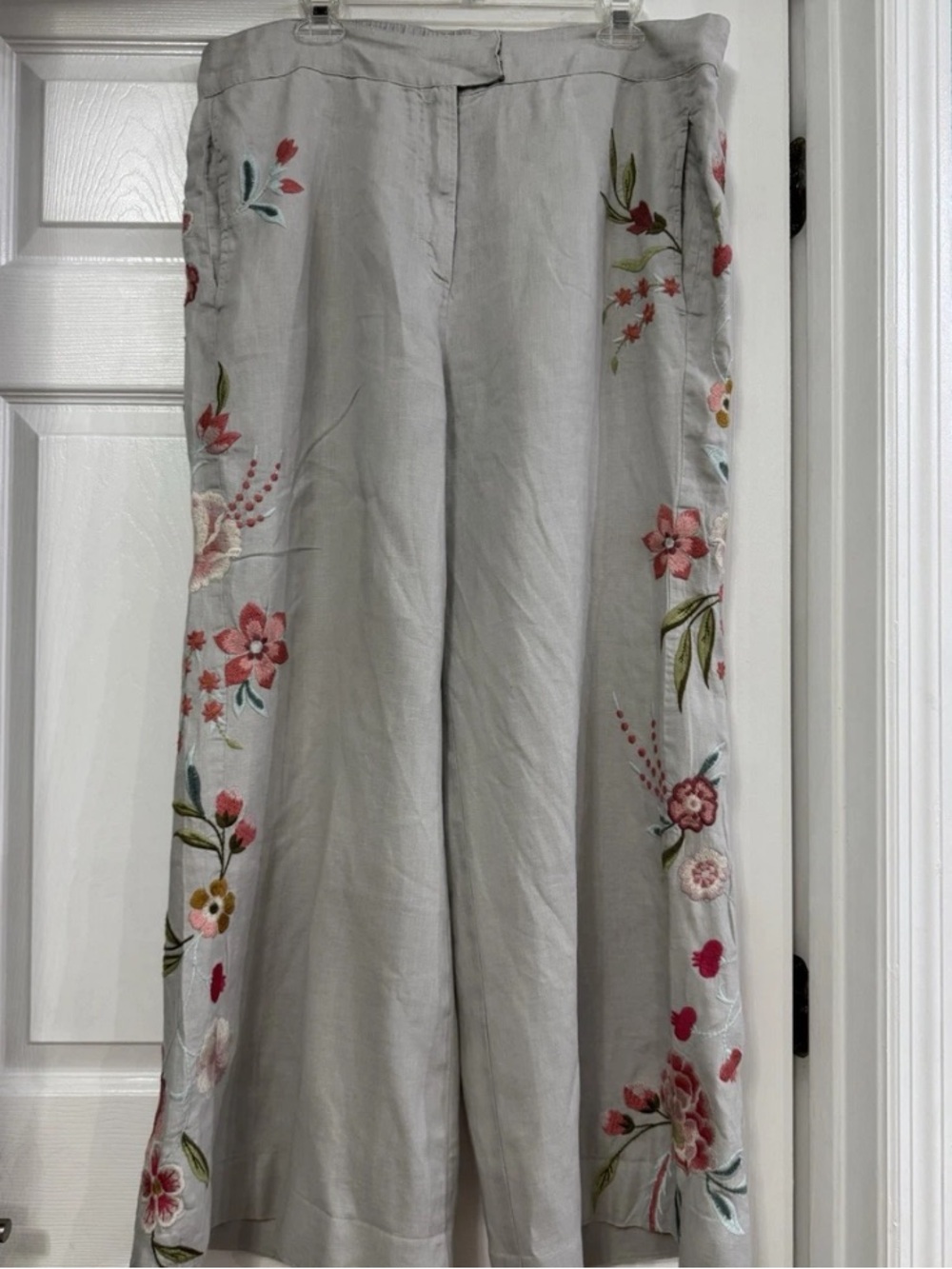 JOHNNY WAS LOS ANGELOS Gray Embroidered Floral Wide-Leg Linen Pant SZ: XL